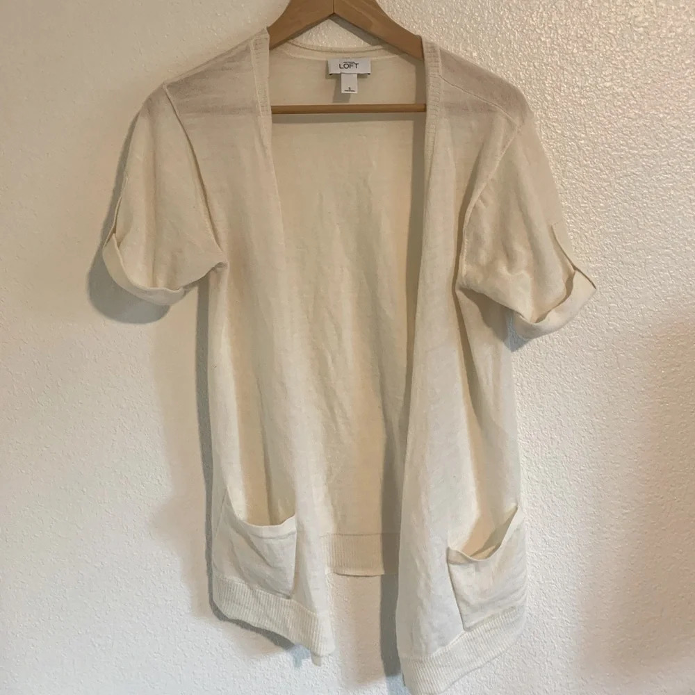 Ann Taylor Loft Open Front Short Sleeve Cardigan- Small Off White | Wool Blend